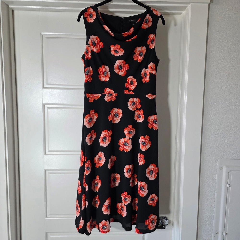 Talbots Womens Size 2 Black Red Poppy Floral Cowl Neck Sleeveless Flare Dress